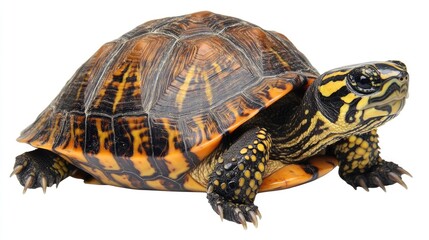Obraz premium Vibrant Turtle Posing Against White Background for Wildlife Study and Conservation Efforts