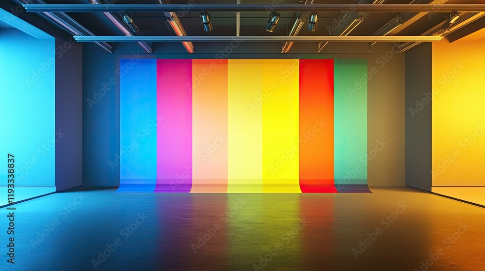 Poster a spacious studio with a multicolored wall banner, perfect for adding energy and creativity to stock