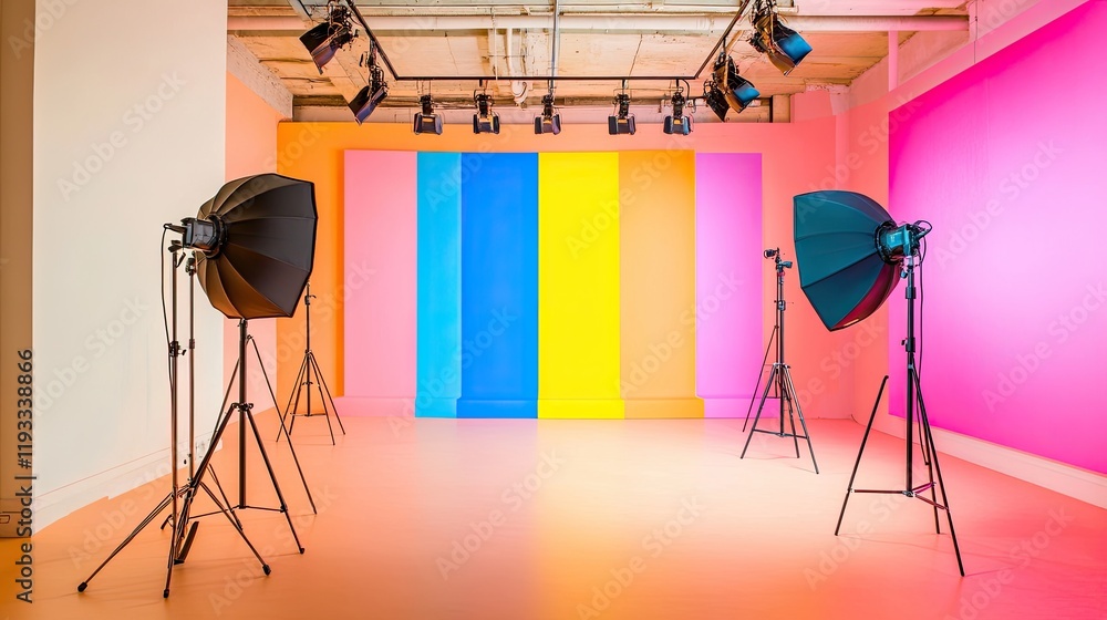 Aufkleber a spacious studio with a multicolored wall banner, perfect for adding energy and creativity to stock