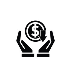 coin icon. money weakens/falls in hand. money management vector, business and finance icon, showing continuous movement. Solid design style