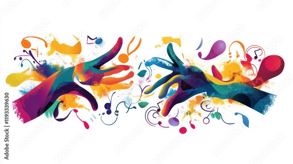 Aufkleber Vibrant Colorful Hands Reaching Out in Artistic Representation of Connection and Creativity with Musical Elements and Abstract Patterns