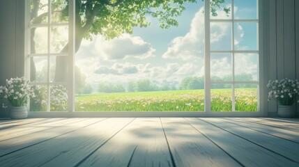 Bright Scandinavian interior design featuring an empty white room with wooden flooring and a picturesque green field outside the window.