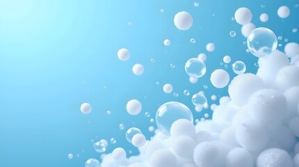 Close up with soap foam and bubbles made of shampoo, lotion, detergent. Macro photo of spume on blue background. Banner with copy space for laundry, cleaning services, beauty, skin care concept