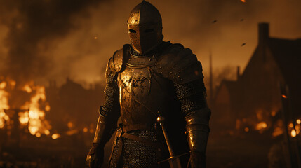 A knight with a broken sword stands in the middle of a destroyed battlefield, his posture weary but resolute.