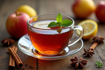 A cozy cup of spiced apple tea is placed on a wooden table, surrounded by fresh apples, lemons, and aromatic spices. The rich color and vibrant garnish create a soothing atmosphere