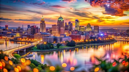 Naklejka premium Cincinnati Twilight Skyline: Bokeh Cityscape at Dusk