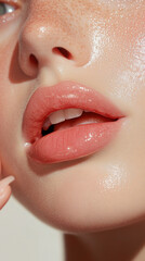 Fototapeta premium close up of woman lips with glossy finish, showcasing natural beauty and soft skin texture. image highlights fresh and radiant look, perfect for beauty and skincare themes