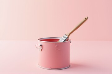 A charming paint can sits on a pastel pink surface, holding a wooden-handled brush. The color scheme evokes creativity and warmth, inviting artistic inspiration
