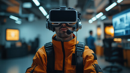 Man exploring virtual reality technology in modern workspace