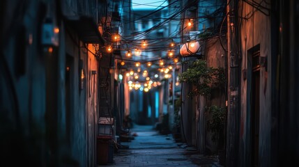 Naklejka premium Serene Night Alleyway with Soft Glowing Lights Enhancing Mysterious Atmosphere in Urban Setting