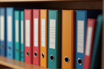 A series of colorful binders stands in neat order on a wooden shelf, reflecting an organized workspace. Each binder displays a blank spine for labeling, enhancing functionality and aesthetic