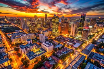 Obraz premium Cityscape at Dusk: Vibrant Orange, Red, and White Lights Illuminate Urban Streets