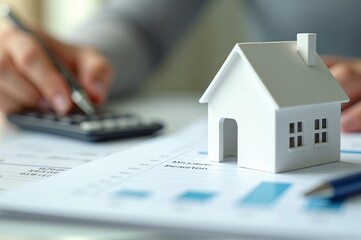 A miniature house sits on a table surrounded by financial documents and a calculator, representing the planning process for real estate investment