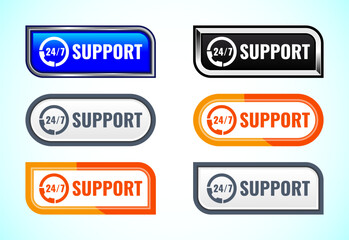 Fototapeta premium 24/7 Support button set of different shapes and colors. Suitable for mobile app, and website UI design.
