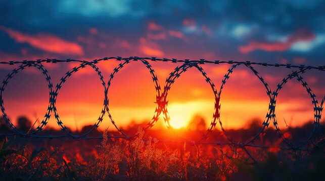 Dramatic sunset with barbed wire silhouette in vibrant sky