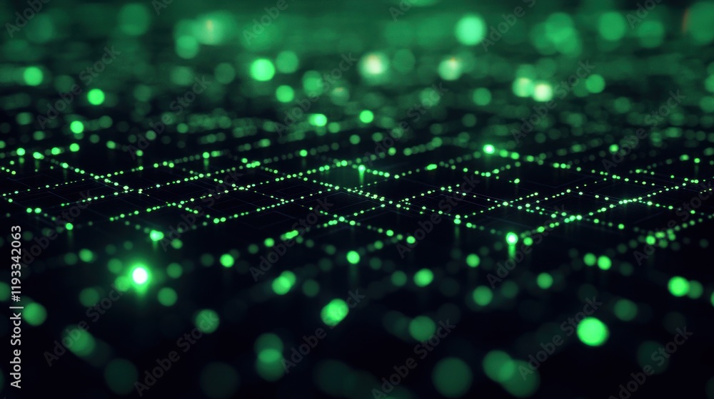 Aufkleber abstract green digital network grid: futuristic technology background with glowing particles and con