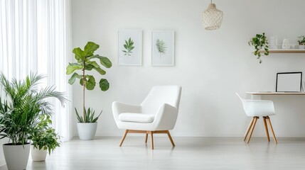 Industrial-style living room featuring clean lines, plants, and a comfortable armchair, with a study setup perfect for work or study.