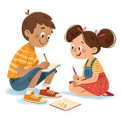 Happy children drawing and reading on paper and books, smiling kids cartoon illustration for 2025 education calendar, poster, banner, full HD vector design with boy, girl, and fun colorful art
