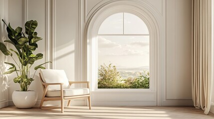 Minimalist 3D-rendered room in Scandinavian style, featuring a pristine interior and a summer scene outside the window.