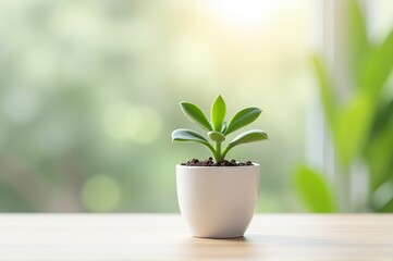 Obraz premium A small, vibrant green plant sits gracefully in a minimalistic white pot, bringing freshness to a sunlit indoor environment filled with blurred greenery, creating a serene atmosphere