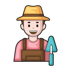 Happy farmer in overalls with trowel, great for agricultural or gardening concepts, sustainable living, planting vegetables, or farm related content