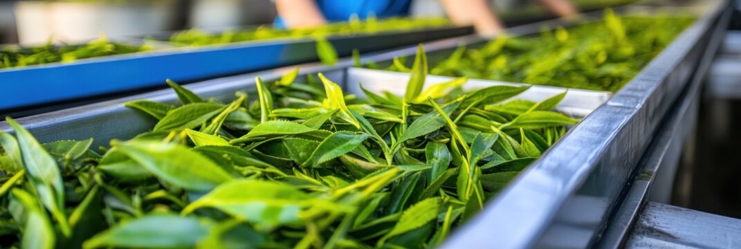 Tea leaves sorting on conveyor belt. Factory background. Food production