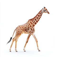Fototapeta premium A solitary giraffe strides gracefully across a minimalist white surface, set against an entirely white background, highlighting its unique silhouette.