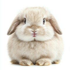 Fototapeta premium A small rabbit rests calmly on a clean, white surface, showcasing its soft fur and gentle demeanor in a serene setting.