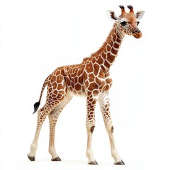 Naklejka premium A solitary giraffe stands gracefully against a pristine white background, showcasing its unique features and elongated neck in a minimalist setting.