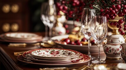 Fototapeta premium A table set with fine china for a Chinese New Year feast featuring traditional dishes