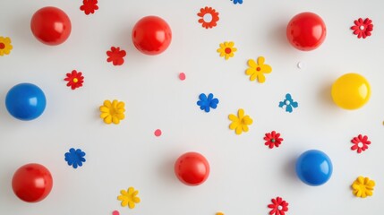 Obraz premium Colorful Arrangement of Red, Blue, Yellow Balls and Various Flower Shapes on a Bright White Background Ideal for Creative or Playful Imagery in Stock Photography
