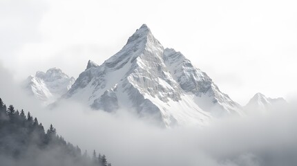 Fototapeta premium Professional monochrome photography of a snowy mountain peak. Graphic black and white poster of a snow covered mountain range. Landscape shot for interior painting