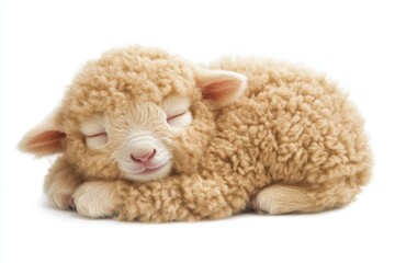 A small sheep peacefully sleeps on a soft white surface, showcasing its fluffy wool and serene demeanor in a tranquil setting.
