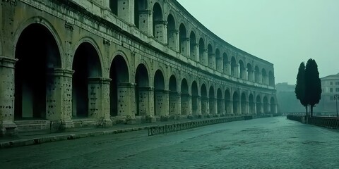 Fototapeta premium Roman arches, empty road, foggy morning, lone tree, historical site
