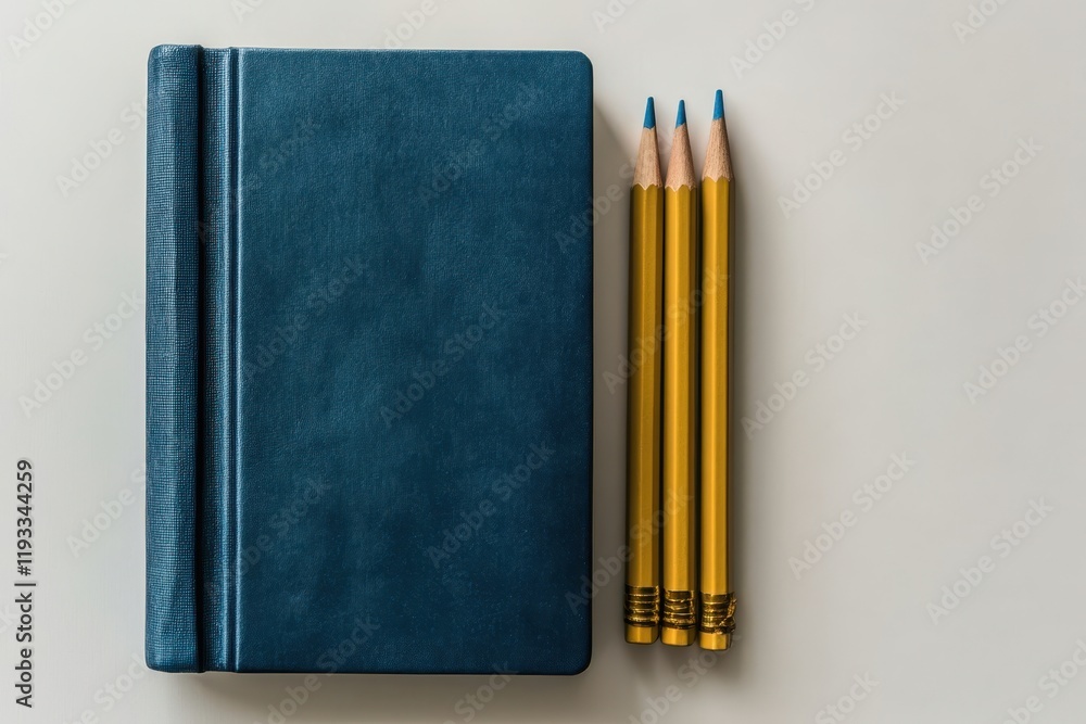 Poster two pencils and a notebook are placed on a wooden table, creating a simple yet organized workspace f