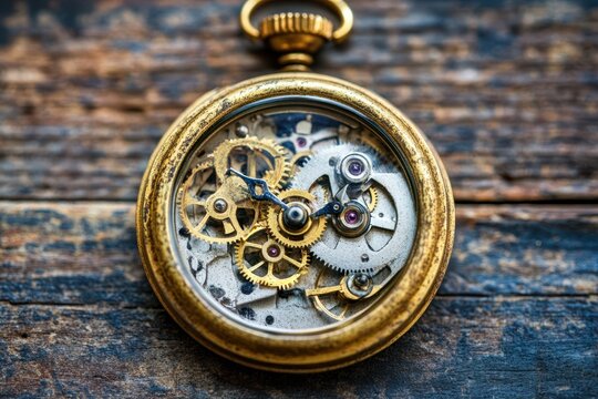 A vintage gold pocket watch featuring intricate gears rests elegantly on a polished wooden surface, showcasing fine craftsmanship and timeless design.