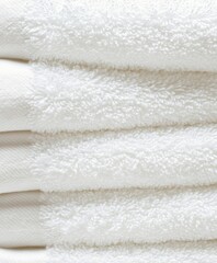 A detailed close-up of neatly folded white towels arranged on a clean white surface, showcasing their texture and color.