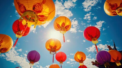 Chinese New Year lanterns floating in the sky during a festival