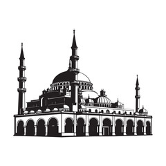 Fototapeta premium Muslim mosque icon or silhouette isolated on white background. Islamic and Arabic architecture template. Design element for Ramadan greeting card. Vector illustration, architecture, hindu temple. 