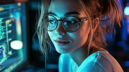 Young female programmer at work. Beautiful nerdy woman in glasses working on a computer.