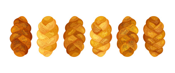 Challah bread icon, Shabbat loaf, Jewish braid brioche, bakery sweet bun isolated on white background. Cartoon vector illustration