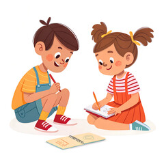 Happy children drawing and reading on paper and books, smiling kids cartoon illustration for 2025 education calendar, poster, banner, full HD vector design with boy, girl, and fun colorful art