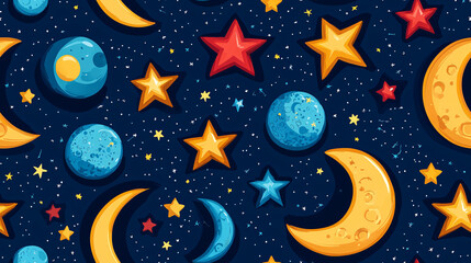 Naklejka premium Celestial Night Seamless Pattern Stars, Moons, Planets