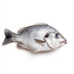 Fototapeta premium A fish rests upright on a clean white surface, showcasing its distinct features and colors in a unique and unusual pose.