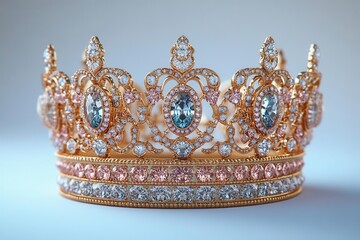 Fototapeta premium exquisite crown displayed against a stark white background, highlighting intricate details and opulence, symbolizing power and nobility, with dramatic lighting enhancing its grandeur
