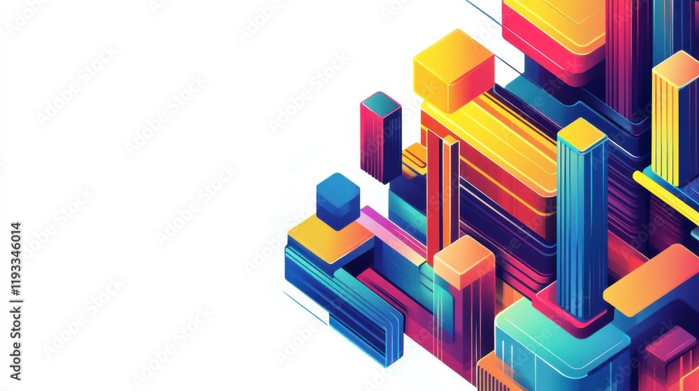 Poster colorful abstract geometric design with layers of tall blocks and lines in vibrant hues against a cl