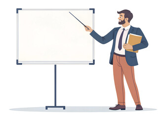 Fototapeta premium Realistic vector illustration of a teacher holding a book and pointing at a blank chalkboard, back-to-school classroom setting, education concept for 2025, high-quality 4K download, seminar presentati