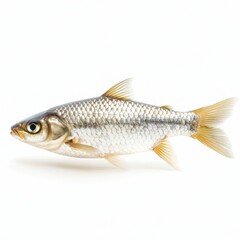 Fototapeta premium A fish is upright on a clean white surface, showcasing its unique features and colors in a striking contrast against the background.