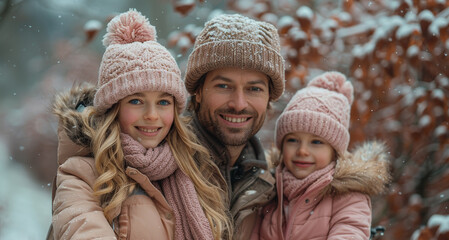 Fototapeta premium Parents smile lovingly while holding their baby, framed by pastel balloons, while another family enjoys outdoor bike rides, filling the scene with happiness and activity.