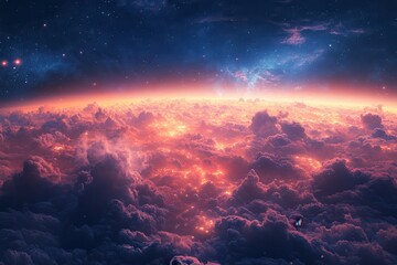 Naklejka premium Stunning view of a colorful nebula above a cloud-covered planet in deep space at twilight